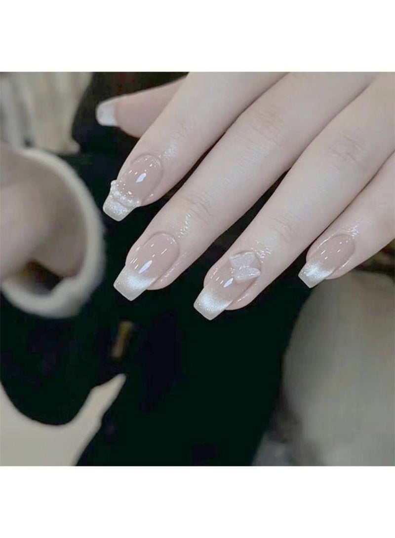 MARYA Aurora French Press On Nails, Short Square Nude Pink Glossy Artificial Nails, 3D White Butterfly and Pearl Decor Reusable Nail Kit for Women - Image 3